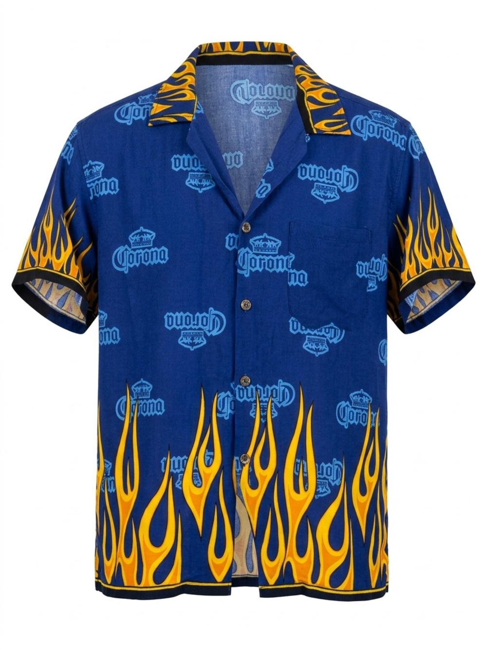 Corona Blue Short-Sleeve Button-Down Shirt with Yellow Flame Trim